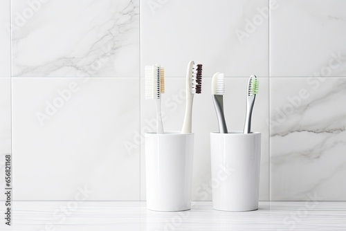Toothbrushes on white countertop in bathroom photo