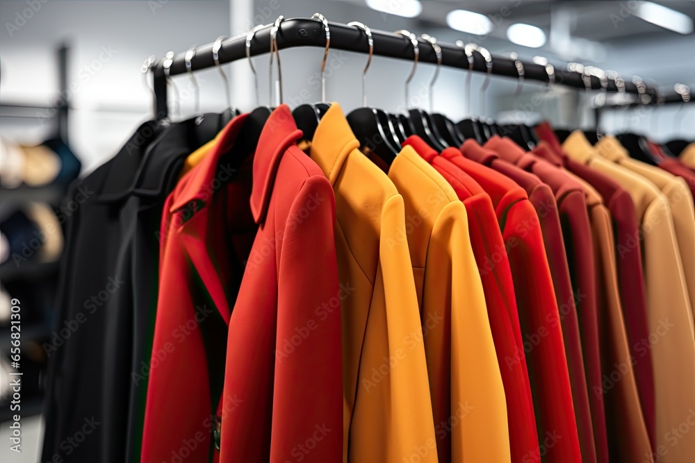 Fototapeta premium Women's coats on hangers in store