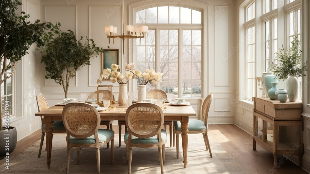 An elegant dining room with a beautifully set table
An elegant dining room with a beautifully set table