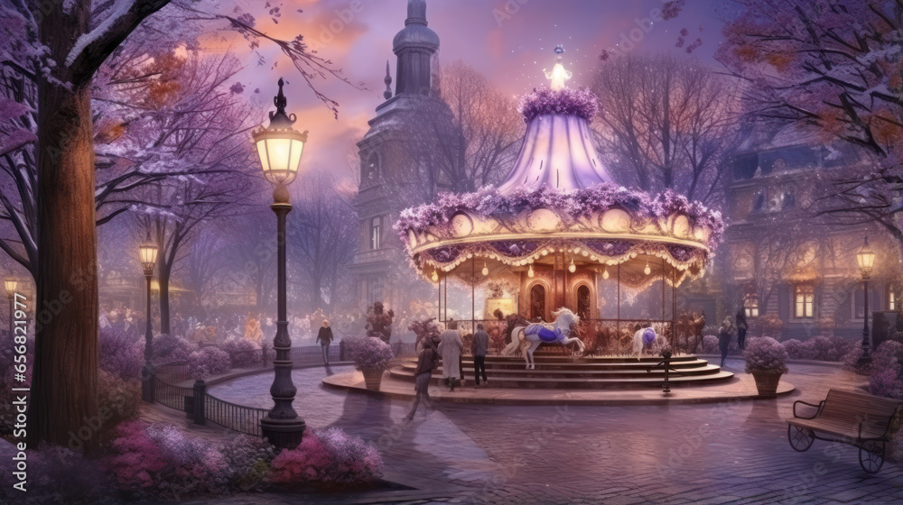 Fototapeta premium Merry-Go-Round (carousel) illuminated at night.