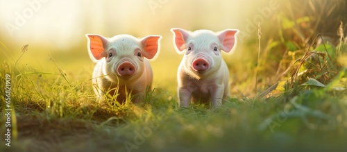 Two adorable young pigs are posing happily on the green grass on a family farm