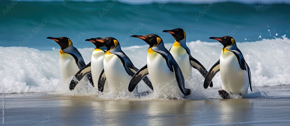 Fototapeta premium King penguins returning from sea to beach with ocean backdrop Volunteer Point Falkland Islands Antarctic wildlife reunion in natural setting