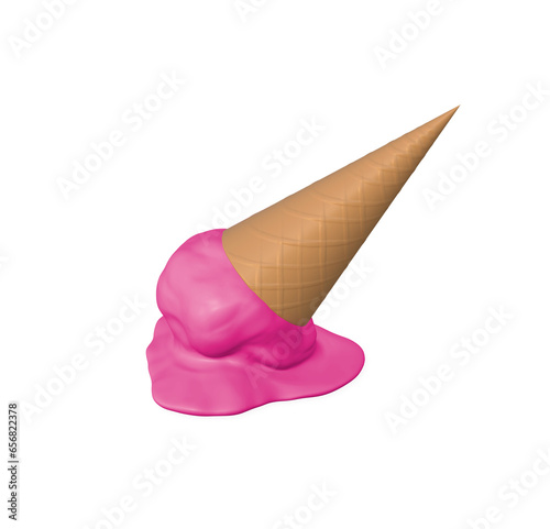 Vanilla ice cream cone melting and dropped onto the floor. PNG Transparent Background, 3D rendering Image.