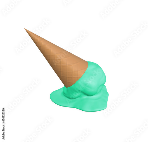 Vanilla ice cream cone melting and dropped onto the floor. PNG Transparent Background, 3D rendering Image.	