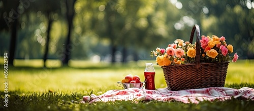 Park picnic with food basket in summer