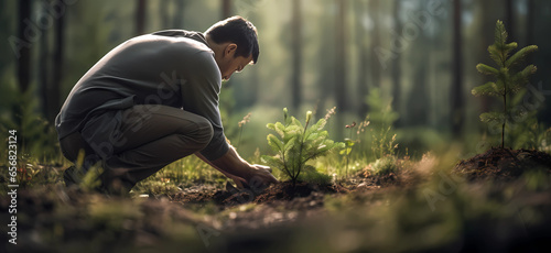 man plant a tree in the forest photo