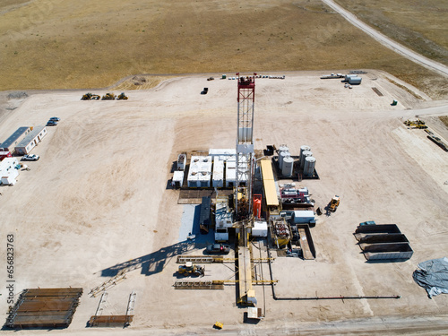 Oil and gas fracking on the plains of Colorado.  Aerial view of drilling tower, 