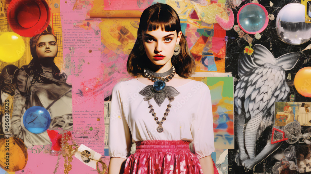 Beautiful girl on a collage background. Photo in 2000s style. Beautiful girl on a collage background. Photo in 2000s style.
