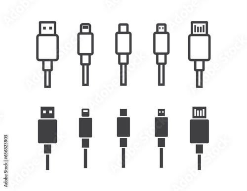 Set of Usb cable Icon. Usb type cable Icon set. Electronic device input cable cords, internet charging wires signs, lightning micro usb types for mobile phone connector plugs vector illustration.