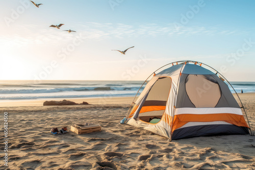 a tent on a beach with a surfboard 