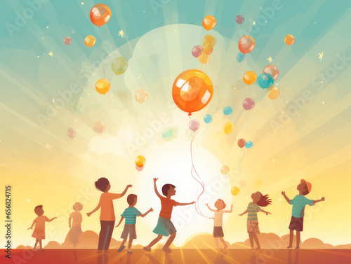 Children and balloons flying into the sky. Happiness and carefree childhood.