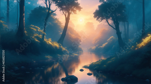 Epic Sunset Over a Blue River and Lush Forest