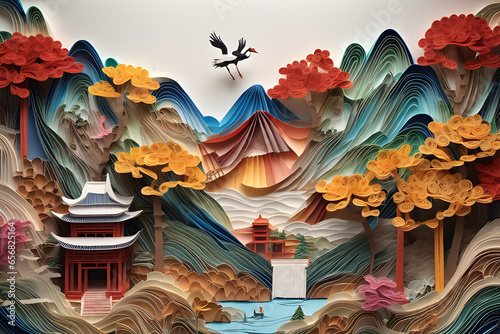 Layered Paper Cut Chinese Cliff Landscape