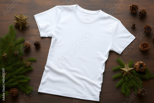 christmas t-shit mockup and tree decorations, santa claus with gifts, snowman in the snow, christmas gift boxes	
