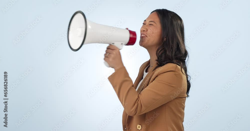 Woman, megaphone and voice for announcement, broadcast or news of sale or discount on blue background. Excited or happy asian person with motivation, support and noise or shout for winner in studio Woman, megaphone and voice for announcement, broadcast or news of sale or discount on blue background. Excited or happy asian person with motivation, support and noise or shout for winner in studio