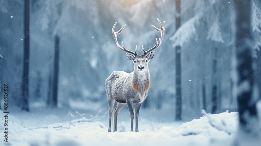 Portrait of majestic deer stag in Winter - obrazy, fototapety, plakaty 