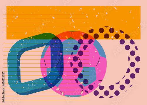 Risograph football ball with geometric shapes. Sport object in trendy riso graph design.