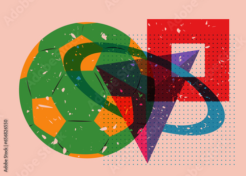 Risograph football ball with geometric shapes. Sport object in trendy riso graph design.
