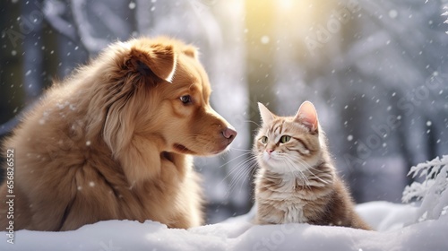 Dog and Cat look at each other in winter