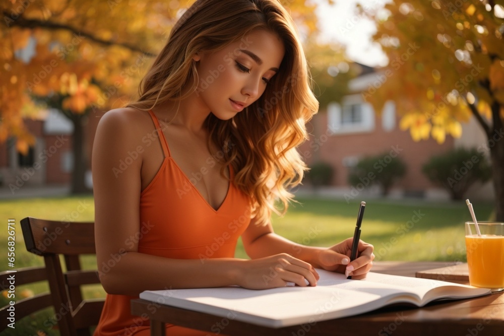 Obraz premium 外で勉強する女性