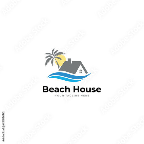 house with palm tree logo vector, tropical beach home or hotel icon design illustration