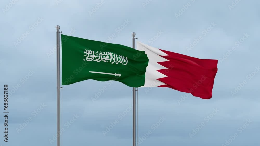 Bahrain flag and Saudi Arabia flag waving together on cloudy sky, endless seamless loop, two country relations concept