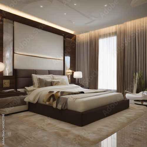 interior of a bedroom with bed and high ceilings.  © samiam2007