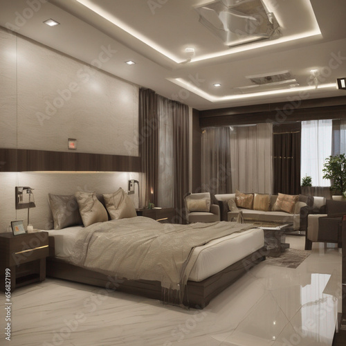 interior of a bedroom with bed and high ceilings. 