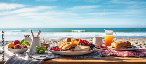 Morning breakfast on the beach picnic table senior adult