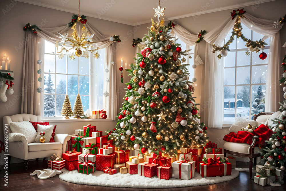 Enchanting Christmas tree adorned with glistening bells, delicate ornaments, stockings, twinkling lights, and candles,evoking christmas.