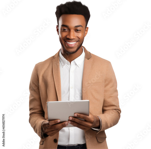 Young handsome african man happy face smiling use tablet isolated on white transparent background