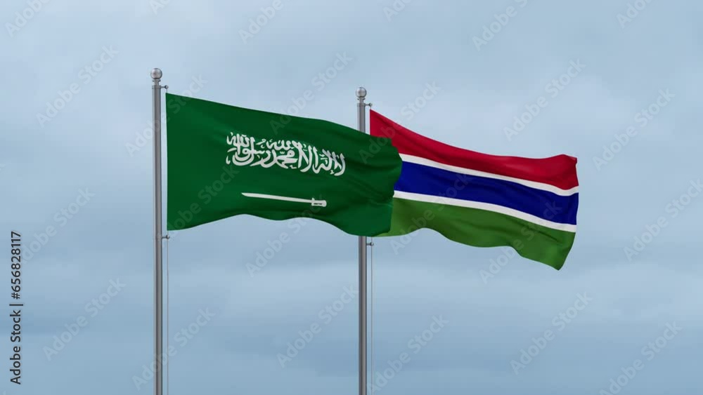Gambia flag and Saudi Arabia flag waving together on cloudy sky, endless seamless loop, two country relations concept Gambia flag and Saudi Arabia flag waving together on cloudy sky, endless seamless loop, two country relations concept