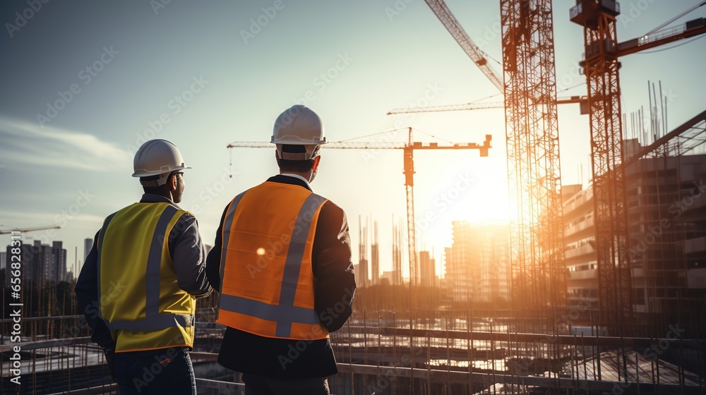 Construction worker and engineer wearing safety gear looking for blueprints in high rise building construction site with tower crane. - obrazy, fototapety, plakaty 