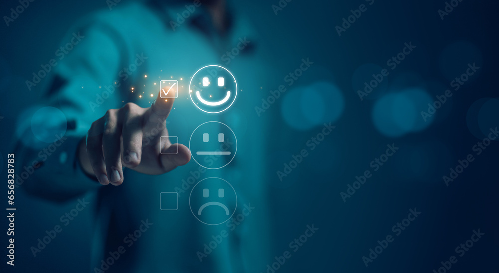 5-star rate review of client, icon happy smile, best feedback customer. satisfaction survey concept in service of the user on a website digital online. experience positive with business top quality