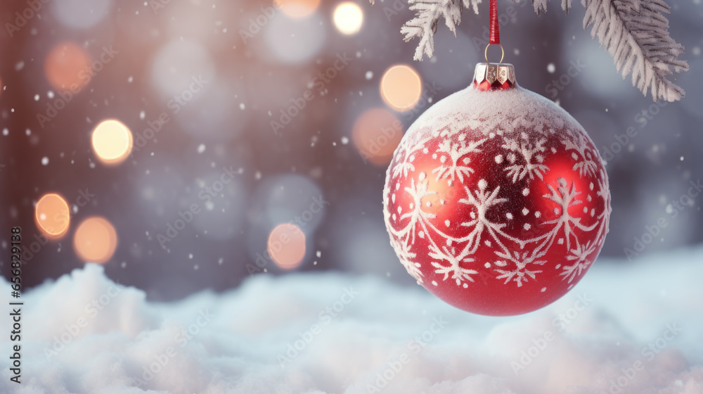 Christmas and New year holidays concept. Christmas Balls on snowy and tree backdrop. Festive winter season with christmas ornament decoration for banner, ads and poster. Generative ai Christmas and New year holidays concept. Christmas Balls on snowy and tree backdrop. Festive winter season with christmas ornament decoration for banner, ads and poster. Generative ai