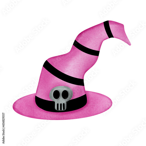 a pink witch hat with askull on it
