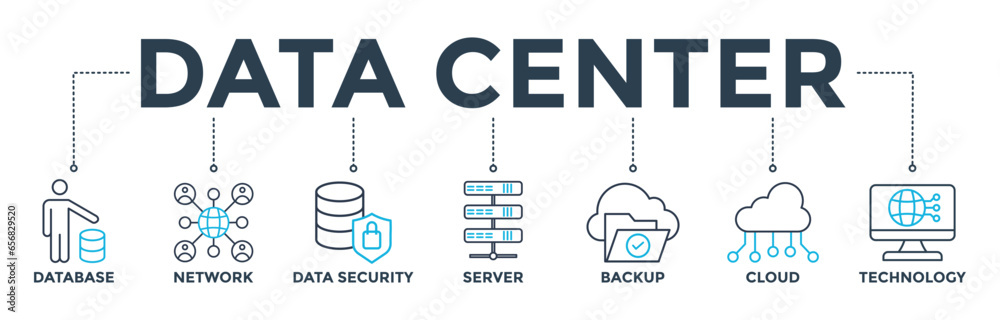 Data center banner web icon vector illustration concept with icon of database, network, data security, server, backup, cloud and technology Data center banner web icon vector illustration concept with icon of database, network, data security, server, backup, cloud and technology