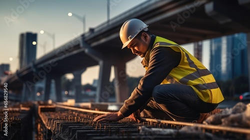 A real photo of The back of a male foreman inspects various objects at the construction site of new concrete roads and bridges that form the critical infrastructure of a big city.