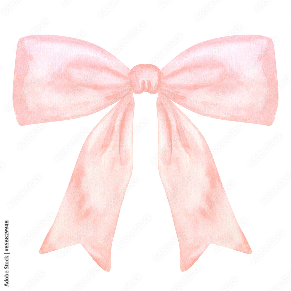 Decorative pink bow with long ribbon. Accessory little girl. Hand drawn watercolor illustration isolated on white background. For gender reveal party, baby shower, children's design