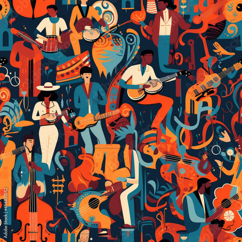 Music band cartoon collage funky art illustration repeat pattern