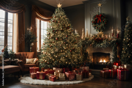 Indoor christmas tree decorated with lots of ornaments.