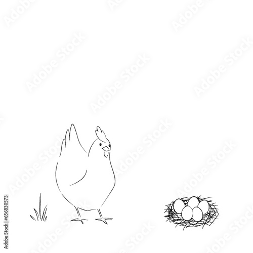 ニワトリとタマゴのイラスト2　モノクロ