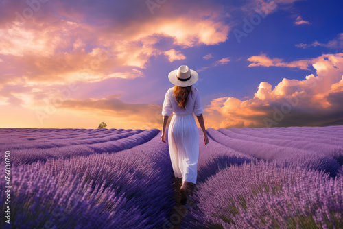 a girl walking through lavender fields at sunset