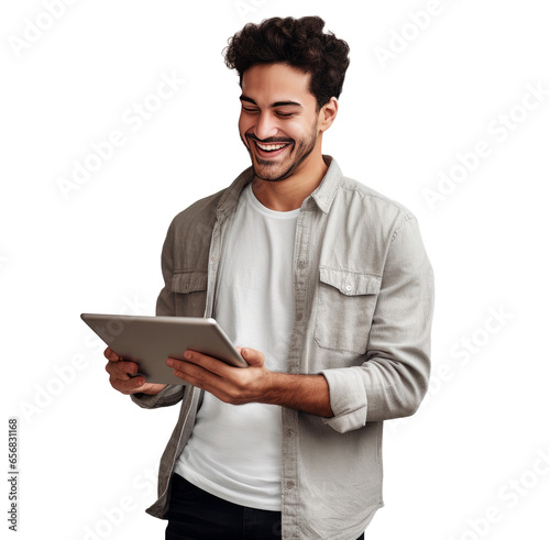 Young handsome american man happy face smiling use tablet, isolated on white transparent background, ai generate