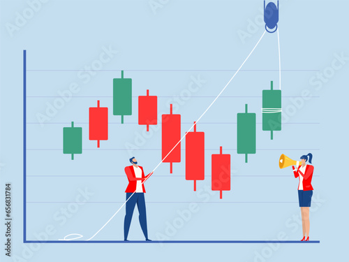 businessman dragging a chart graph of trader thinking while analyzing green graph  from continue drop down to buy or sell in crypto trading or stock market vector