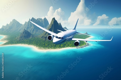 Airplane is flying over islands and tropical coastline. Landscape with white passenger aircraft. Generative AI