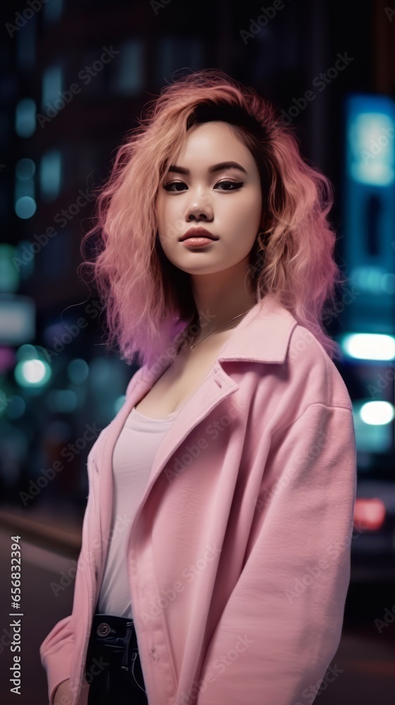 An Asian Female Model: A Young Girl Standing under Neon Lights on the Street