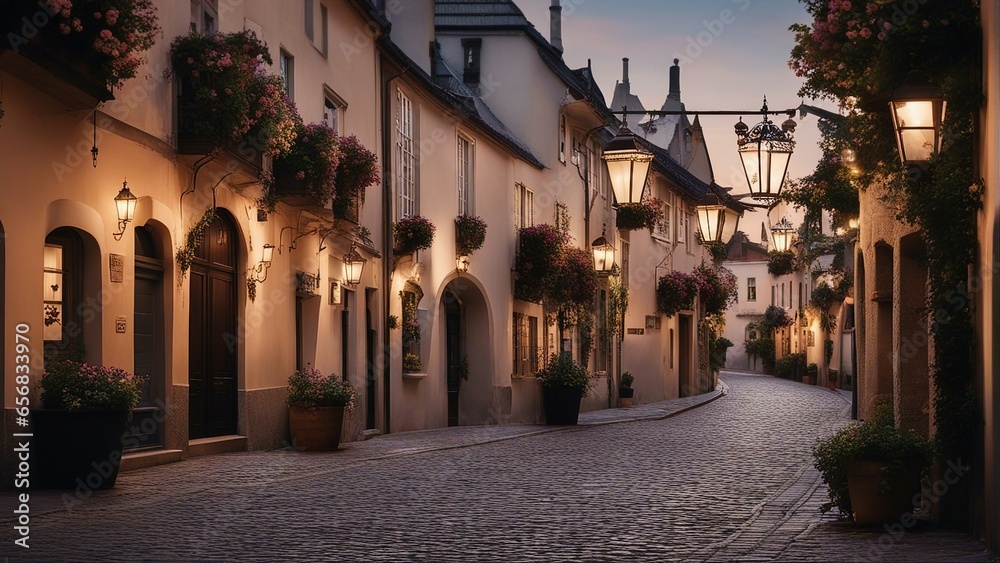 Fototapeta premium A narrow, winding cobblestone street in a historic European town, lined with centuries-old buildings, their facades adorned with intricate ironwork and hanging flower baskets, bathed in the soft glow 
