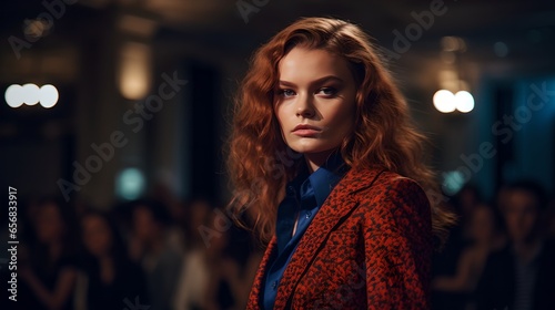 Young Woman with Curly Brown Hair in Fashion Show Portrait
