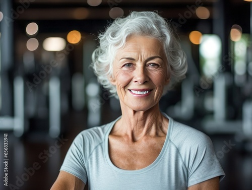 Elderly woman fitness instructor in the gym. A beautiful old woman in good physical shape.